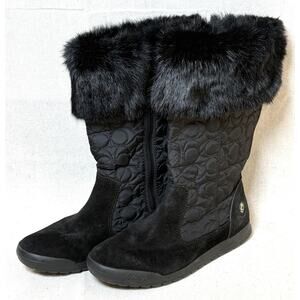 Coach Talen Womens 7M Black Leather Quilted Winter Boots Zip Up Faux Fur Q244